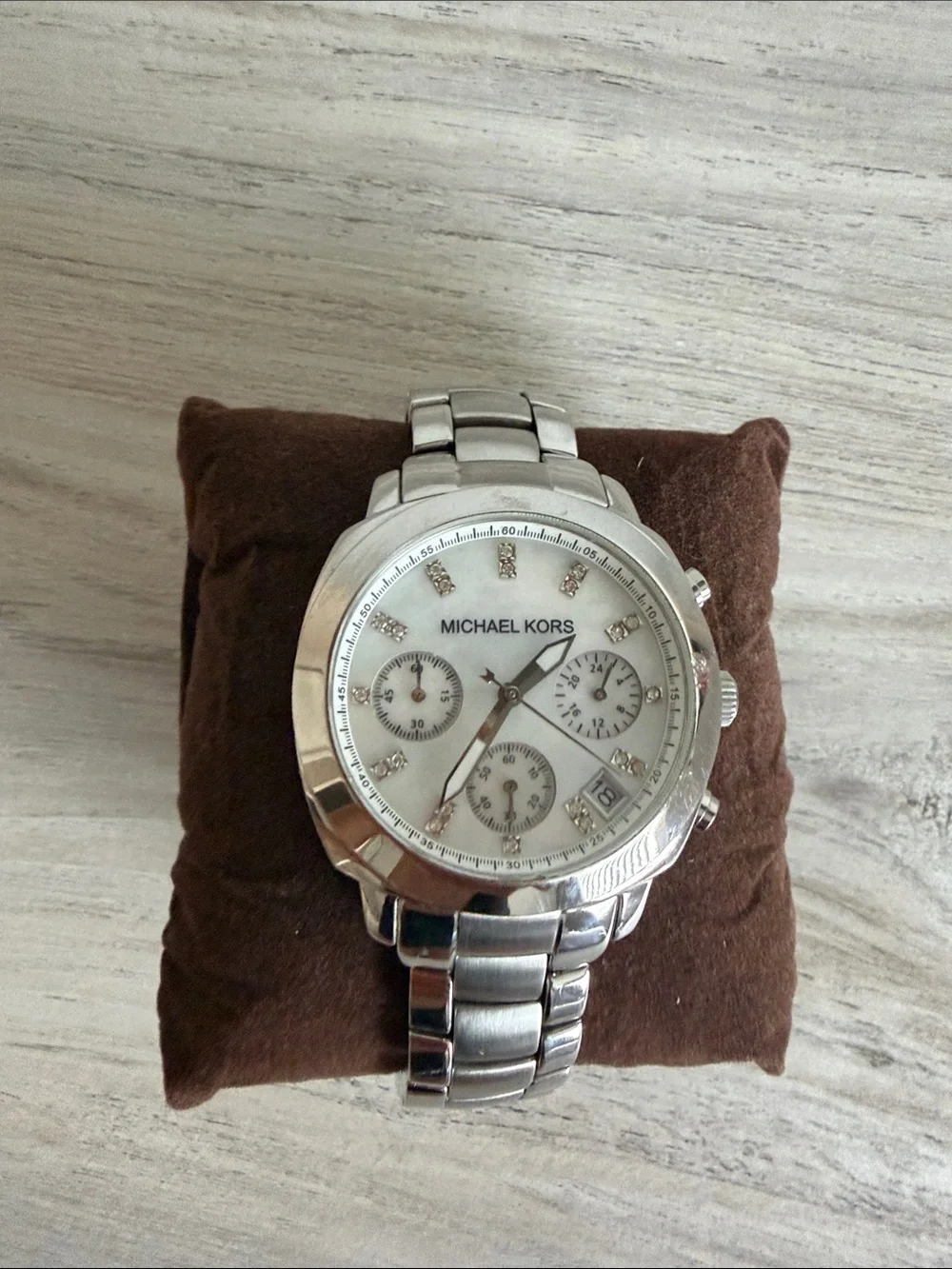 Michael Kors Silver and White Women's Chronograph Bracelet Watch